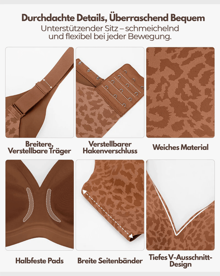 Collage van details: verstelbare brede bandjes, haakjessluiting, zachte stof, semi-vaste pads, brede zijbanden en diepe V-hals. 4