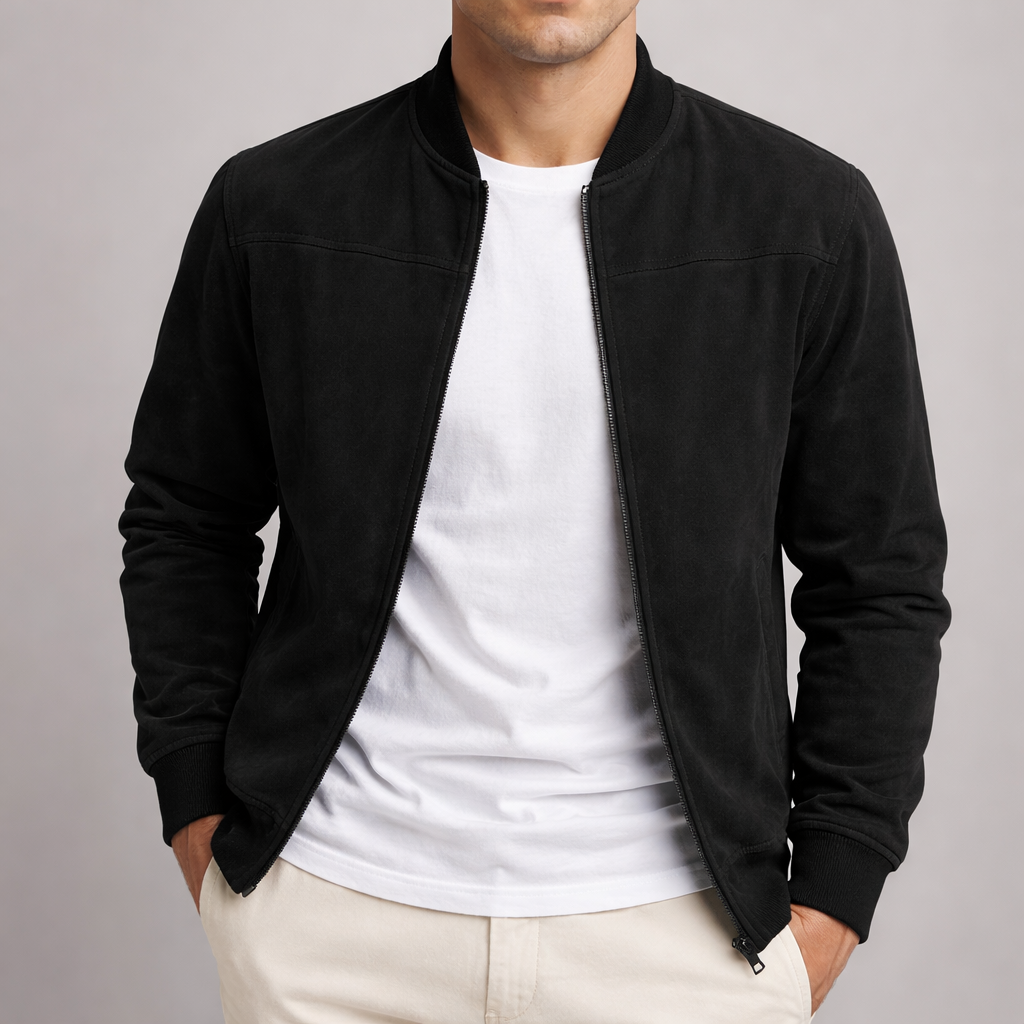 Model draagt de jack in zwart, open ritssluiting over een wit T-shirt, met de handen in de zakken van een crème broek. 5