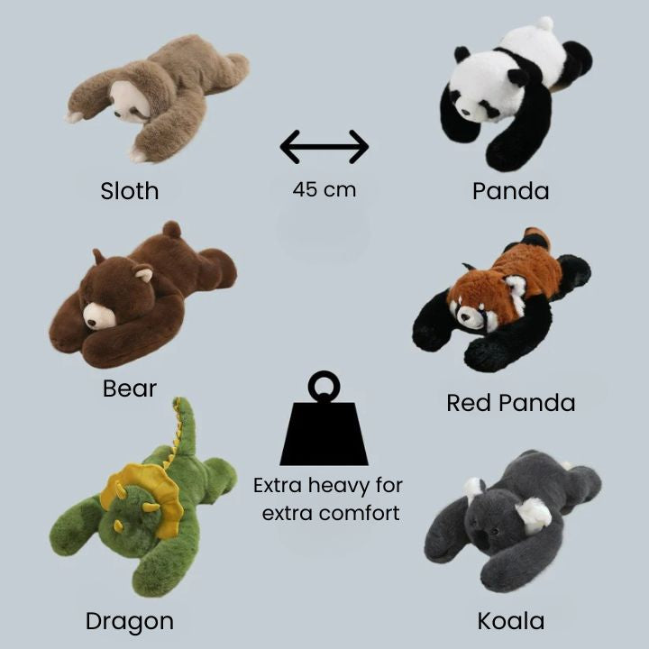 Overzicht van de zes dieren: luiaard, panda, beer, rode panda, draak en koala, allemaal liggend en ongeveer 45 cm groot. 8