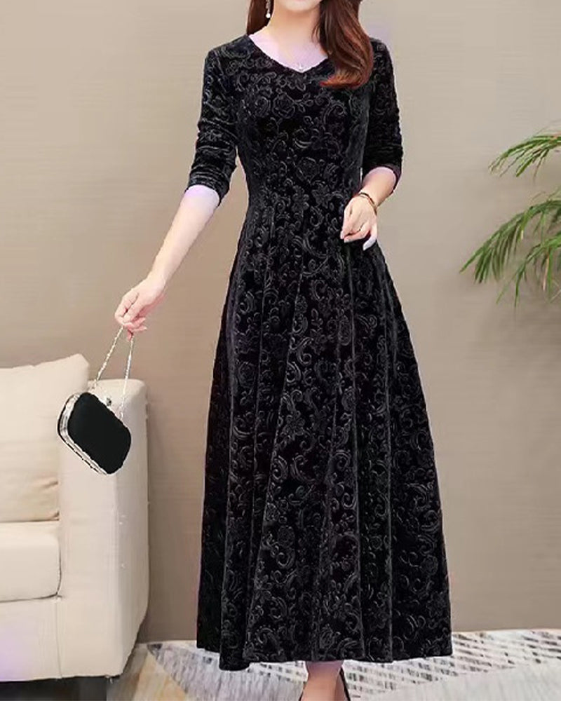 Velvet Midi Dress with Long Sleeves - Selina