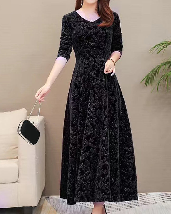 Velvet Midi Dress with Long Sleeves - Selina