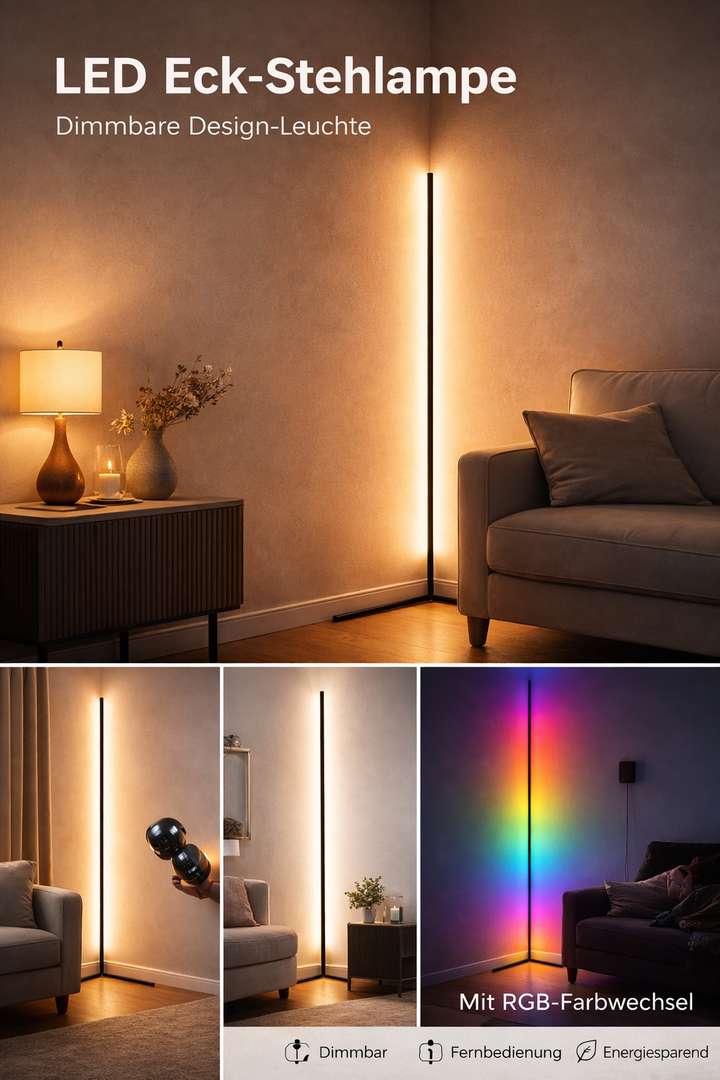 Collage van de hoeklamp in warm licht en met kleurenwissel in een woonkamer, met pictogrammen voor dimmen, afstandsbediening en zuinigheid. 12
