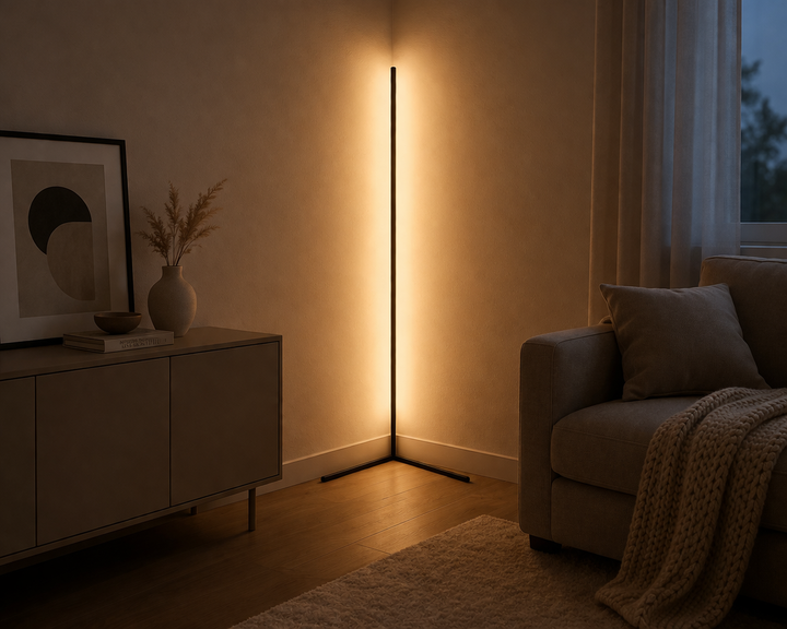 Hoeklamp met zacht warm licht in een rustige woonkamer met dressoir, vaas, kunstwerk en bank met plaid. 5