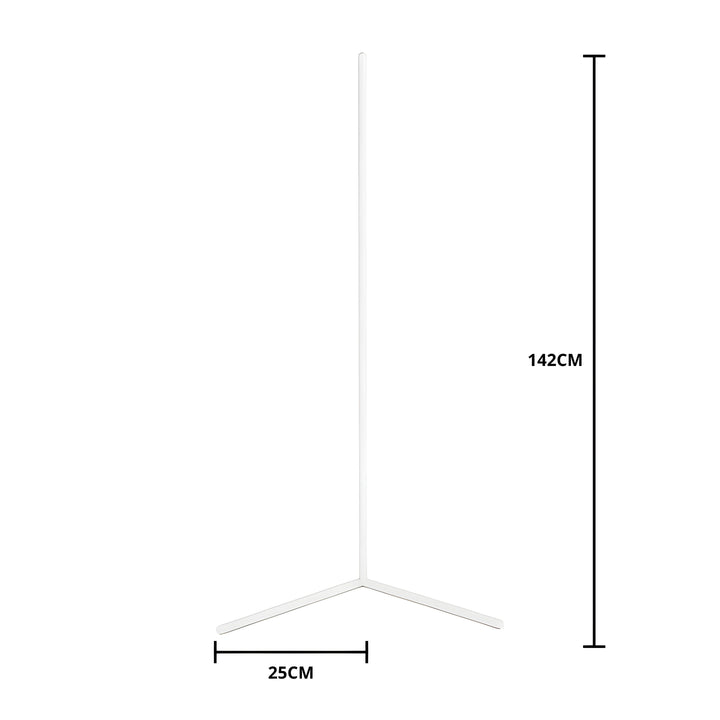 Witte hoeklamp met maatlijnen die de hoogte van de staander en de lengte van een poot van de voet tonen. 10