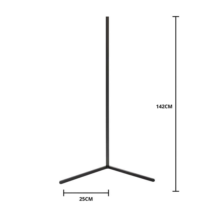 Zwarte hoeklamp met maatlijnen die de hoogte van de staander en de lengte van een poot van de voet aangeven. 11
