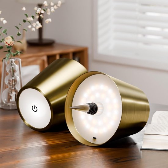Twee gouden lampen op een houten tafel, de ene met aanraakknop onderaan, de andere met ledlampjes en metalen dop. 9