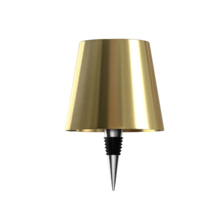 Productfoto van de gouden lampenkap met metalen flessenstop met zwarte rubberen ringen, op witte achtergrond. 13