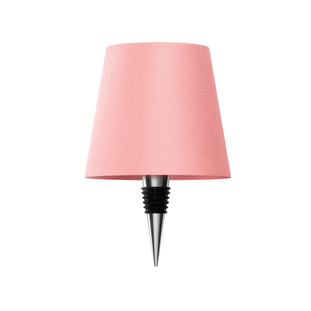 Productfoto van de roze lampenkap met metalen flessenstop met zwarte rubberen ringen, op witte achtergrond. 16