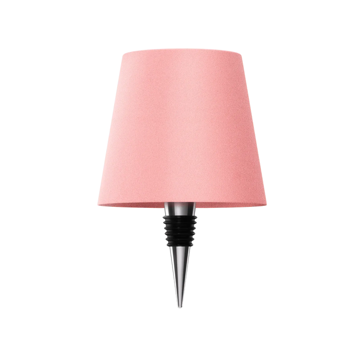 Productfoto van de roze lampenkap met metalen flessenstop met zwarte rubberen ringen, op witte achtergrond. 16