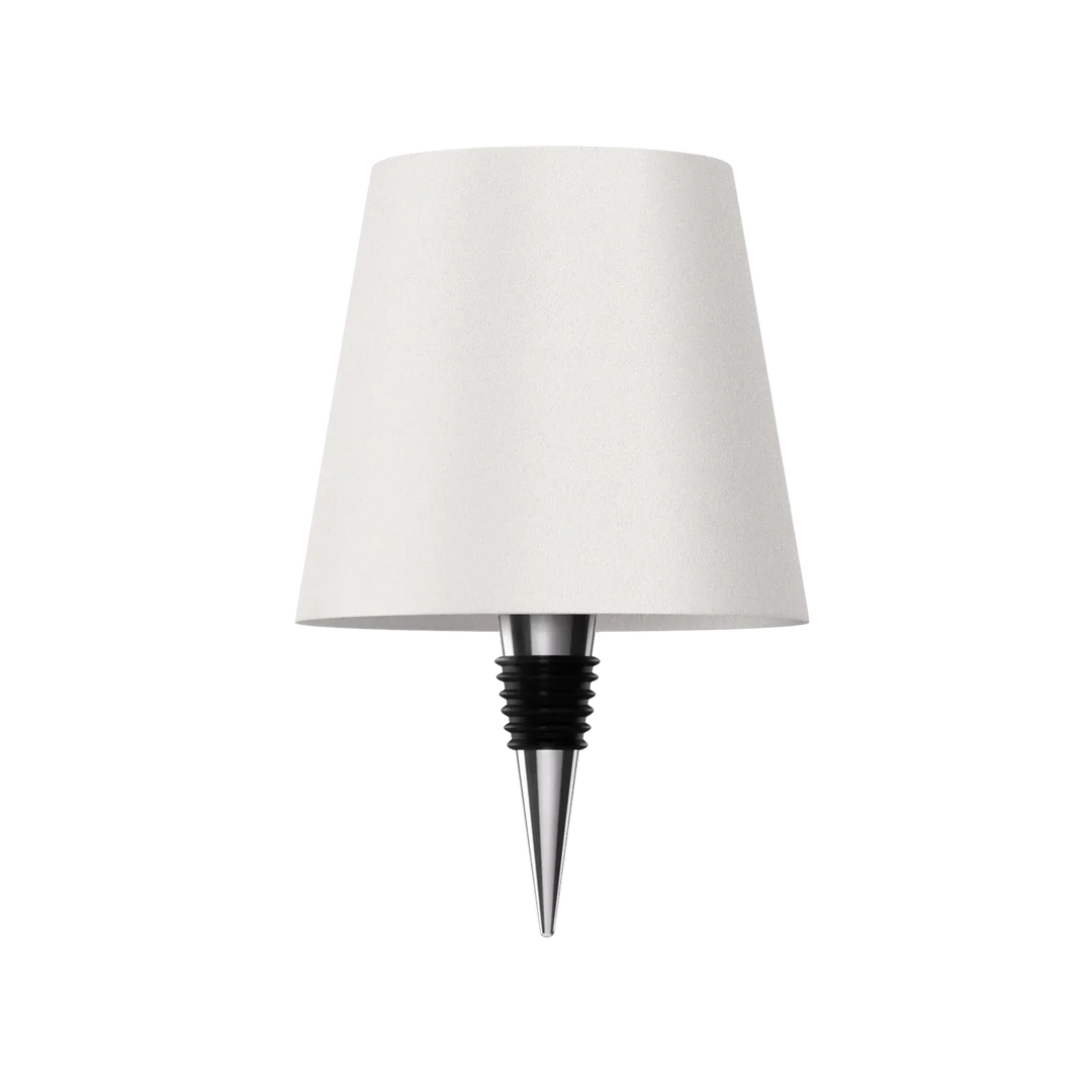 Productfoto van de witte lampenkap met metalen flessenstop met zwarte rubberen ringen, op witte achtergrond. 12