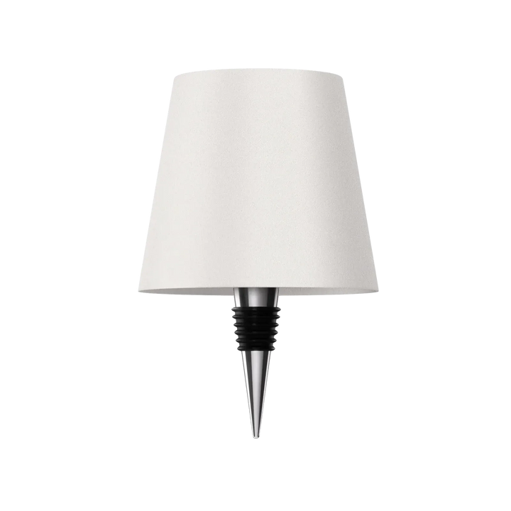 Productfoto van de witte lampenkap met metalen flessenstop met zwarte rubberen ringen, op witte achtergrond. 12