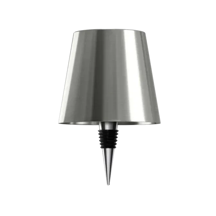 Productfoto van de zilverkleurige lampenkap met metalen flessenstop met zwarte rubberen ringen, op witte achtergrond. 14