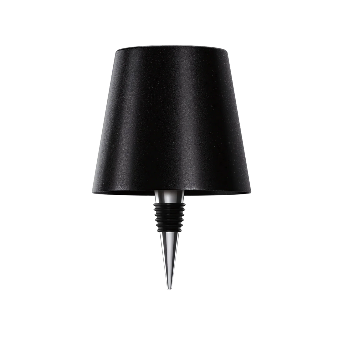 Productfoto van de zwarte lampenkap met metalen flessenstop met zwarte rubberen ringen, op witte achtergrond. 11