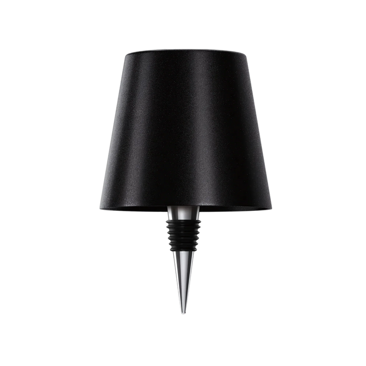 Productfoto van de zwarte lampenkap met metalen flessenstop met zwarte rubberen ringen, op witte achtergrond. 11