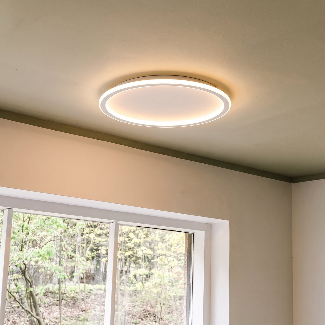 Aangestoken ringlamp aan een plafond naast een wit raam met uitzicht op groen. 8