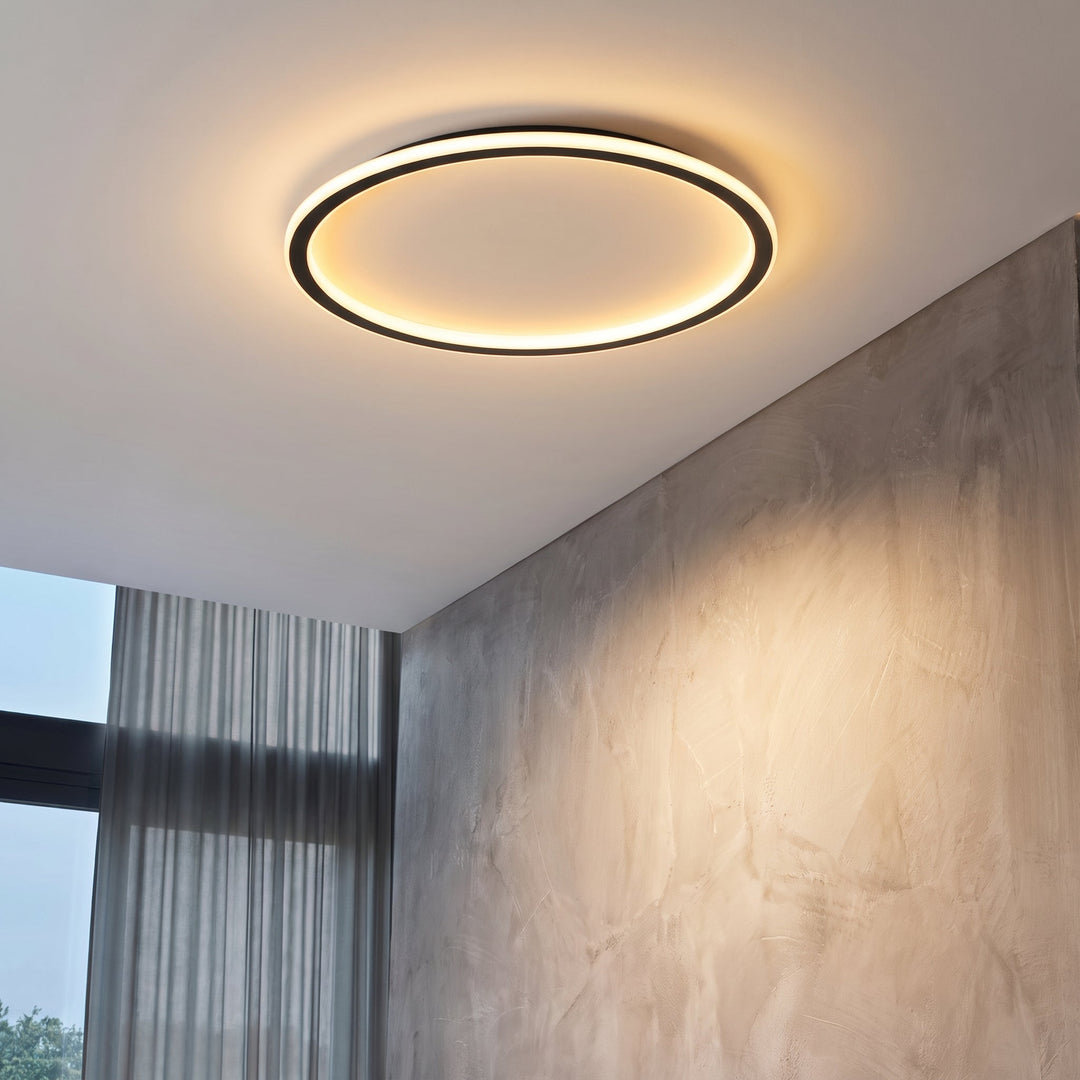 Brandende ringlamp aan het plafond in een ruimte met een grijs gepleisterde muur en een raam met vitrage. 3