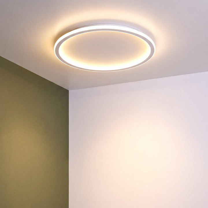 Witte ringlamp brandt in de hoek van een plafond, met een groene en een witte muur eronder. 10