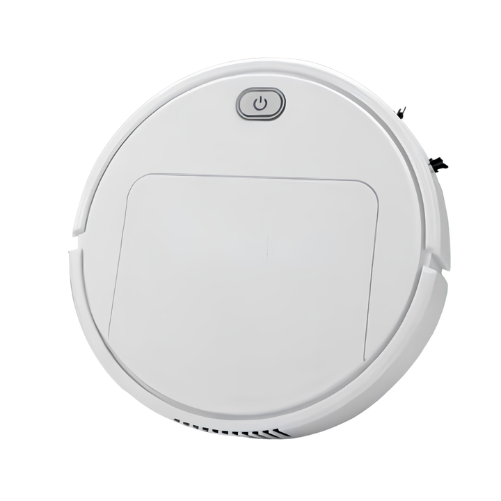 Witte ronde robotstofzuiger van bovenaf, met aan/uit-knop en een rechthoekig klepje op het deksel, tegen een witte achtergrond. 1