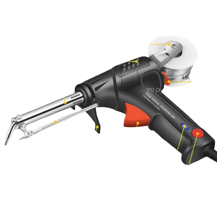 Zwart-oranje handsoldeerpistool met metalen punt, toevoerbuis en een spoel soldeerdraad bovenop, schuin van opzij gezien. 1