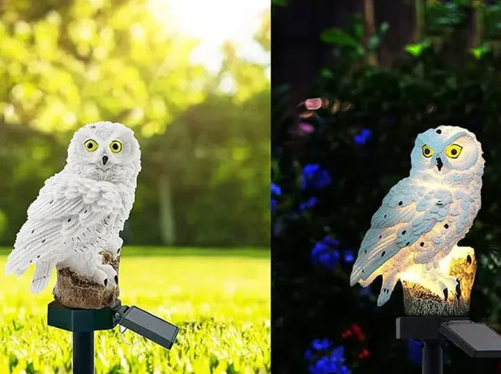Twee beelden van dezelfde witte uil: overdag in zonlicht op het gras en 's avonds verlicht tussen blauwe bloemen. 9
