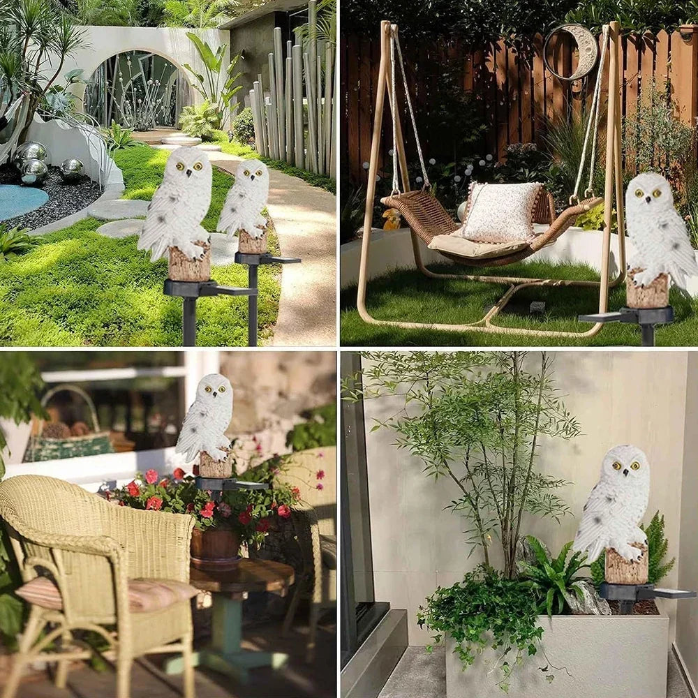 Collage van vier plekken waar de witte uilenlamp staat: tuinpad, naast een hangstoel, bij een rieten stoel en in een plantenbak. 13