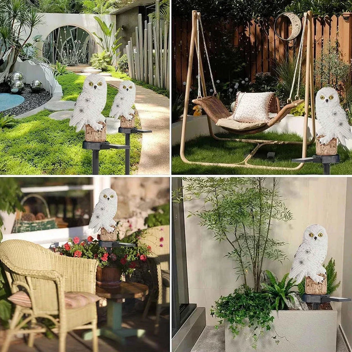 Collage van vier plekken waar de witte uilenlamp staat: tuinpad, naast een hangstoel, bij een rieten stoel en in een plantenbak. 13