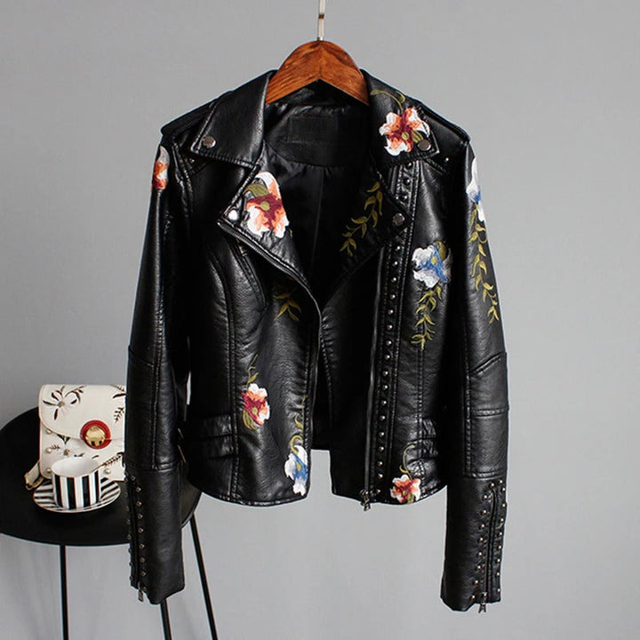 Embroidered Women's Faux Leather Motorcycle Jacket – Eleonora