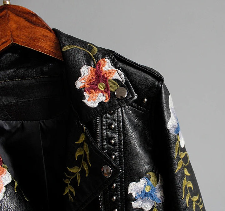 Embroidered Women's Faux Leather Motorcycle Jacket – Eleonora