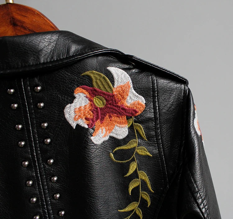 Embroidered Women's Faux Leather Motorcycle Jacket – Eleonora