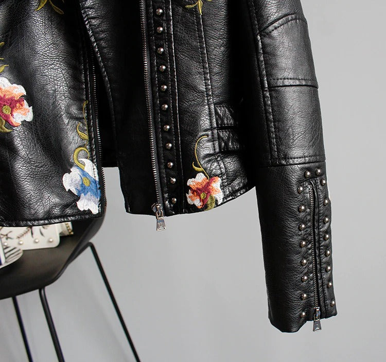 Embroidered Women's Faux Leather Motorcycle Jacket – Eleonora