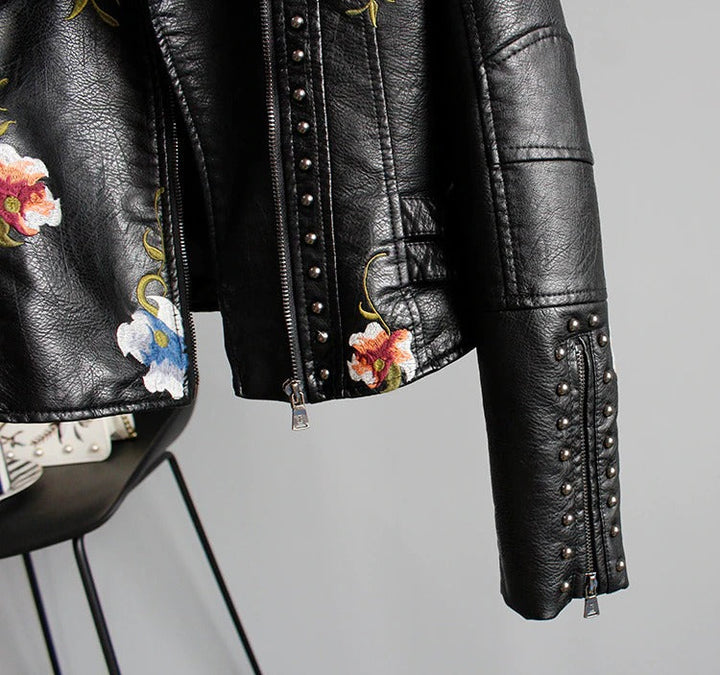 Embroidered Women's Faux Leather Motorcycle Jacket – Eleonora