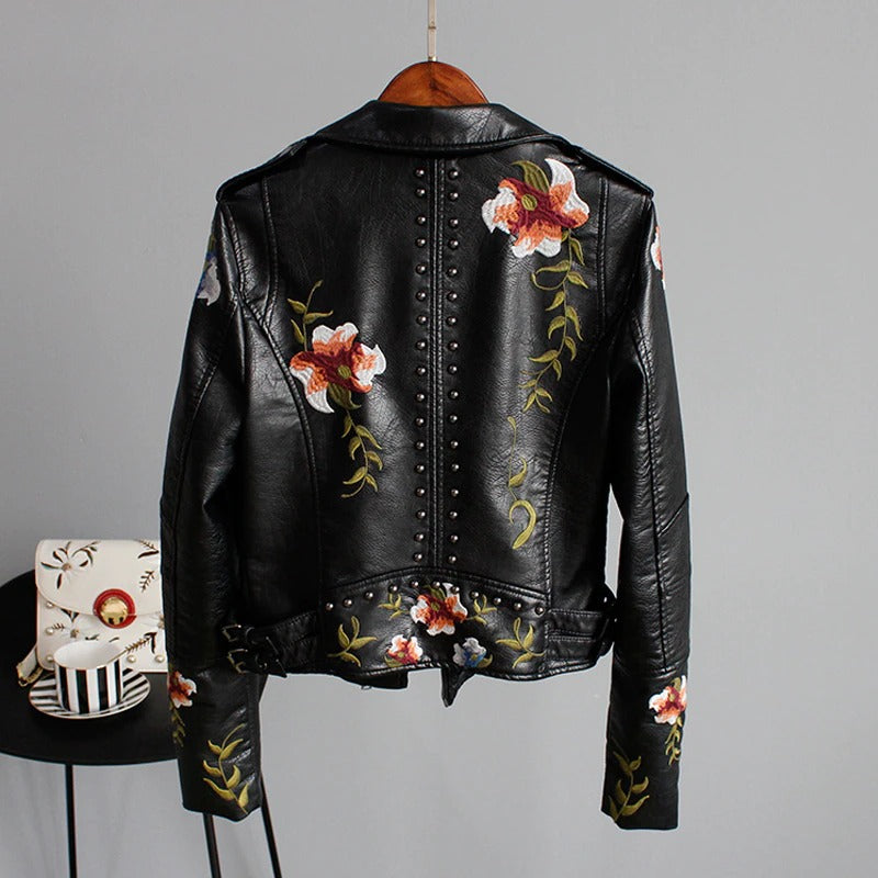 Embroidered Women's Faux Leather Motorcycle Jacket – Eleonora