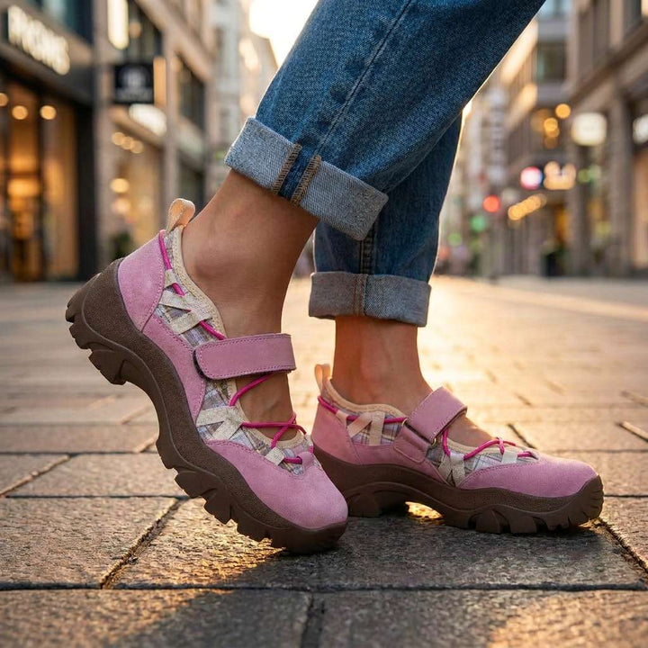 Roze instappers met felroze veters en bruine zool, gedragen met opgerolde jeans op een stoep in een winkelstraat. 9