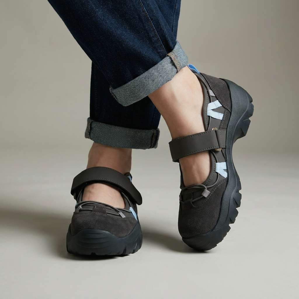 Donkergrijze suède instappers met klittenbandband en lichtblauwe accenten, gedragen met opgerolde jeans tegen een neutrale achtergrond. 2