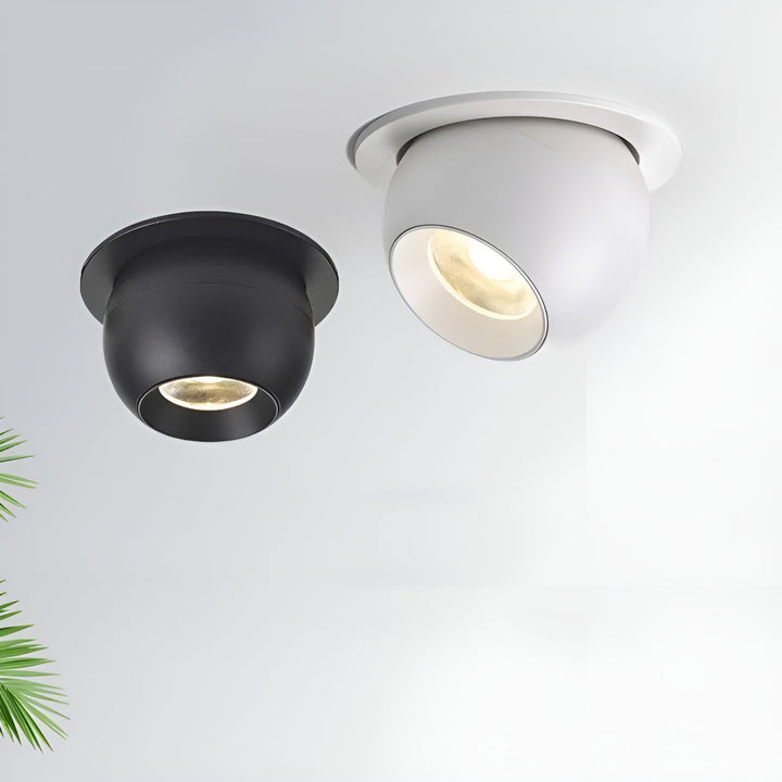 Zwarte en witte inbouwspot samen aan een licht plafond, met een palmblad linksonder in beeld 7