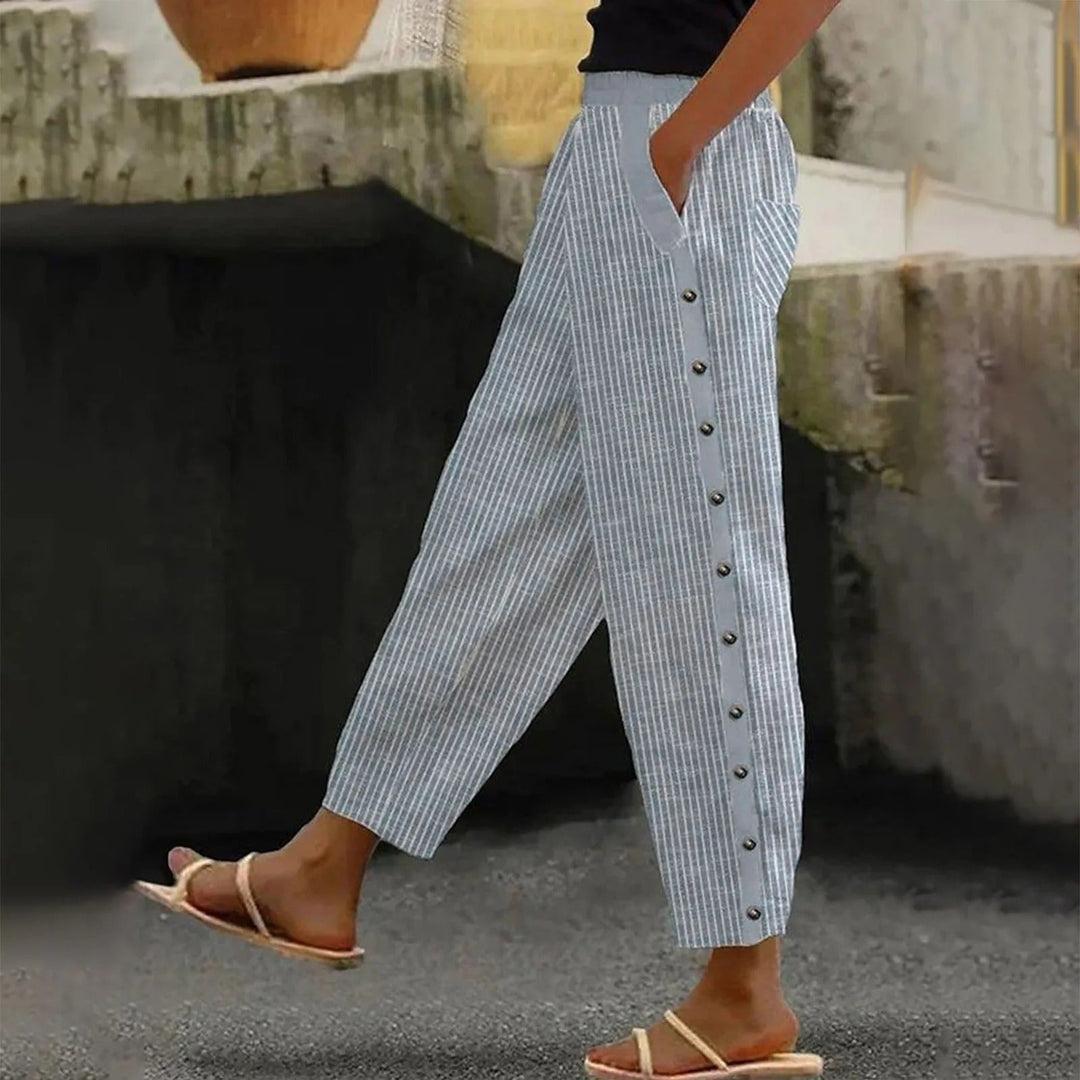 Striped High-Waist Women's Pants with Decorative Buttons - Florence