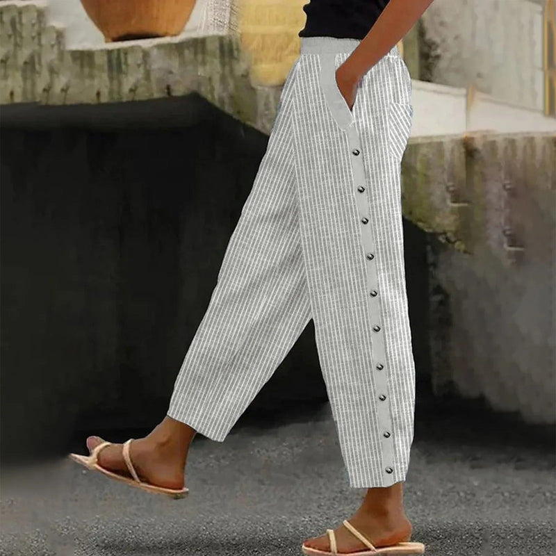 Striped High-Waist Women's Pants with Decorative Buttons - Florence