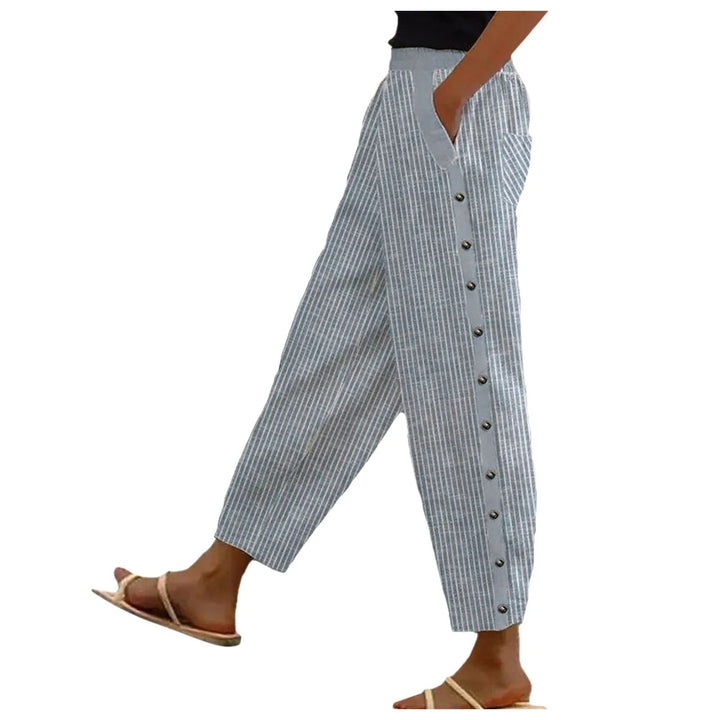 Striped High-Waist Women's Pants with Decorative Buttons - Florence