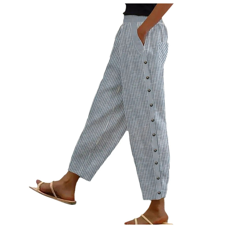 Striped High-Waist Women's Pants with Decorative Buttons - Florence