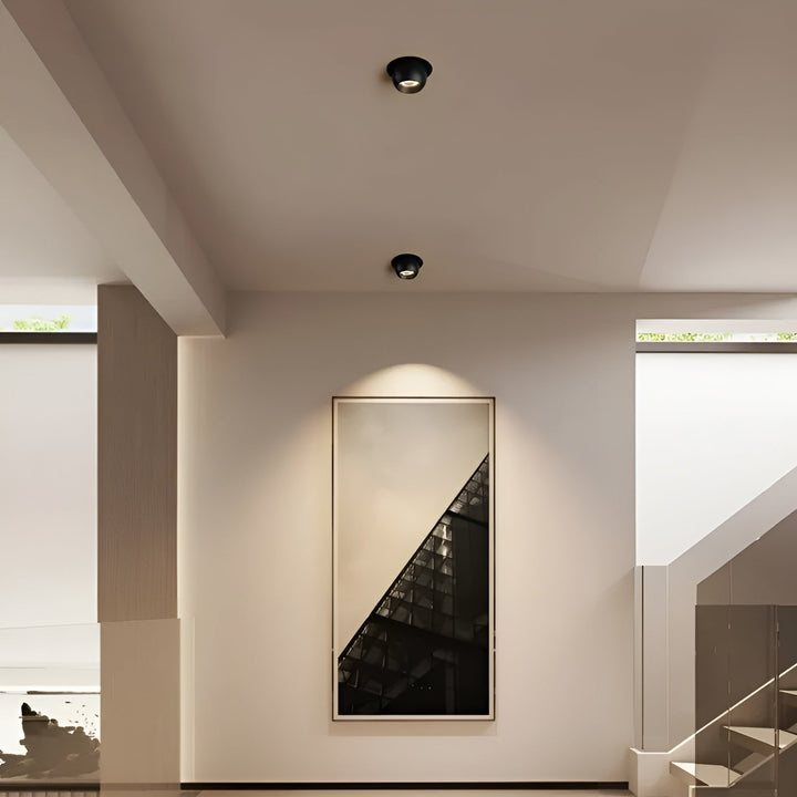 Twee zwarte inbouwspots in het plafond van een gang, met licht op een ingelijst kunstwerk 3