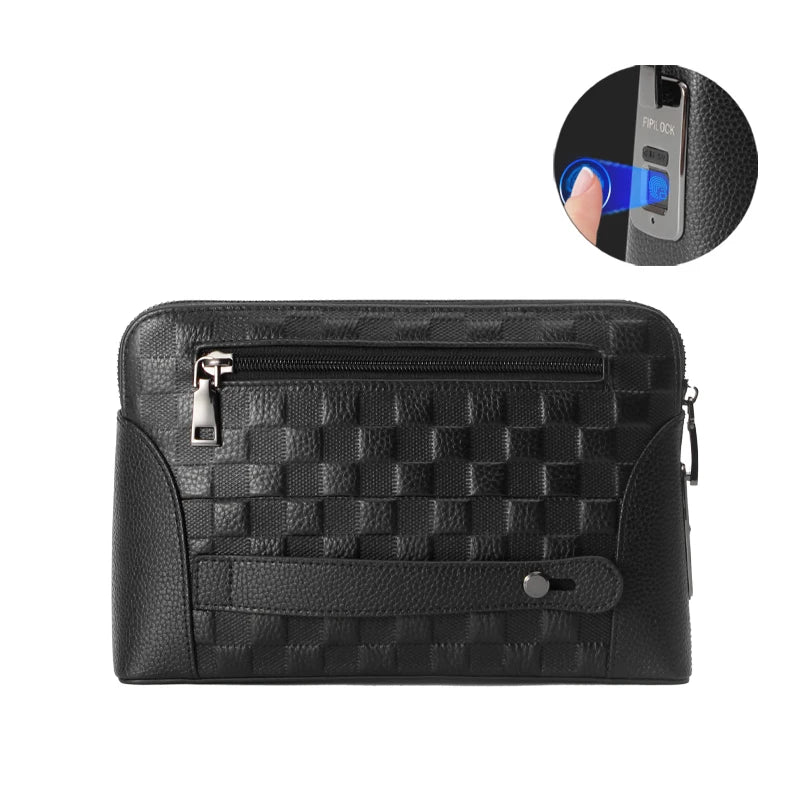 Leather Men's Handbag with Fingerprint Lock – Anti-Theft Clutch & Wallet