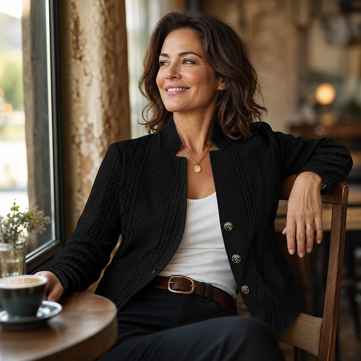 Vrouw zit lachend in een café in een zwarte blazer met kabelstructuur, witte top, riem en een kop koffie. 14