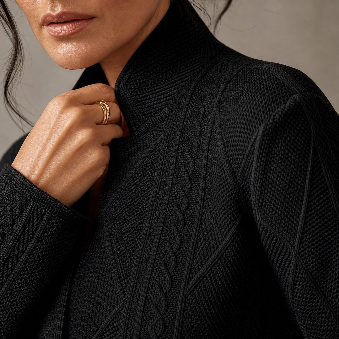 Close-up van de zwarte blazer met kabelpatroon, ruitmotief en opstaande kraag, met een hand met gouden ring bij de kraag. 12