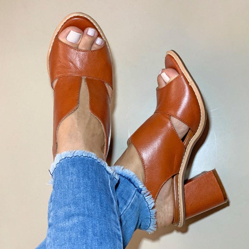 Dames leren sandalen met hak en comfortabel voetbed - Selina