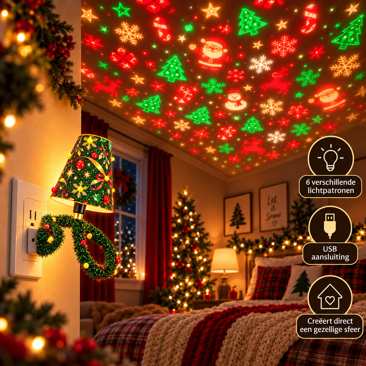 Lamp in een stopcontact in een slaapkamer die kerstfiguren en sterren op het plafond projecteert, naast een verlichte kerstboom. 6