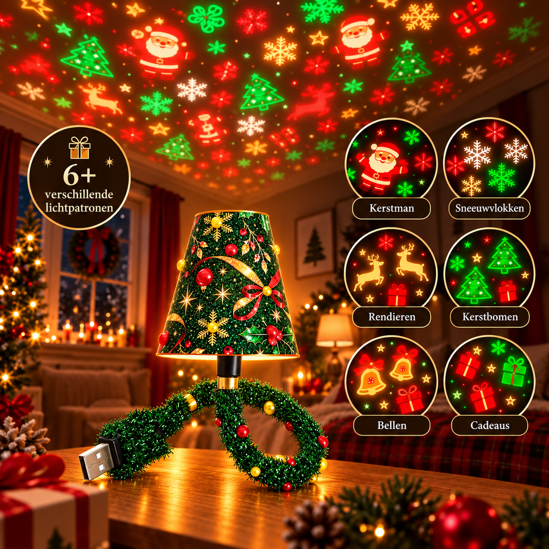 Lamp op een tafel met een plafond vol rode en groene kerstprojecties, plus zes voorbeelden van lichtpatronen zoals kerstman, rendieren, bellen en cadeaus. 4