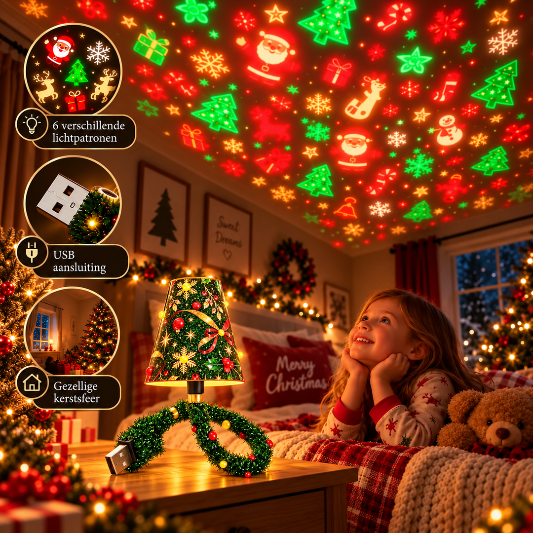 Lachend meisje in kerstpyjama ligt op bed en kijkt naar het plafond vol gekleurde kerstprojecties van de lamp op het nachtkastje. 8