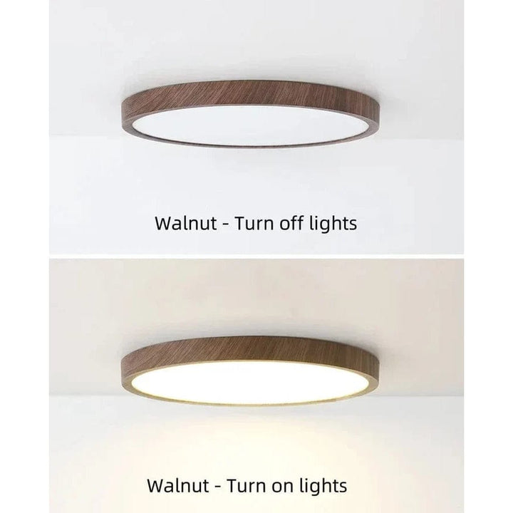 Twee beelden van de lamp met donkere notenhouten rand, boven uitgeschakeld en onder ingeschakeld met warm licht. 2
