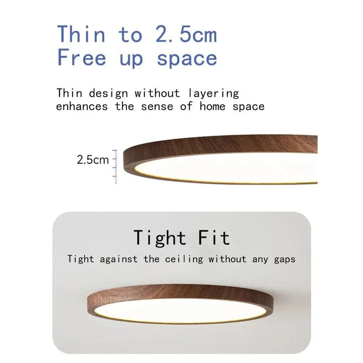 Zijaanzicht van de ultradunne lamp met hoogtemaat van 2,5 cm en een tweede beeld van de lamp strak tegen het plafond. 3