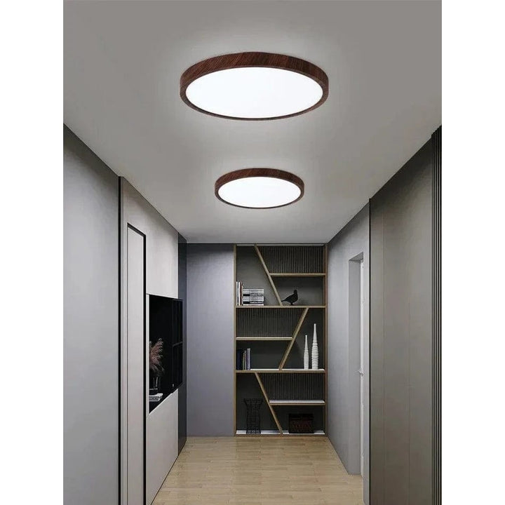 Twee ronde plafondlampen met donkere houtrand verlicht in een grijze gang met een open houten wandkast. 6